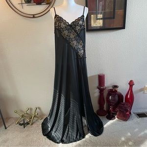 Slippery Gold Black Lace Slit Vintage Maxi Long Nightgown Slip Dress Chemise